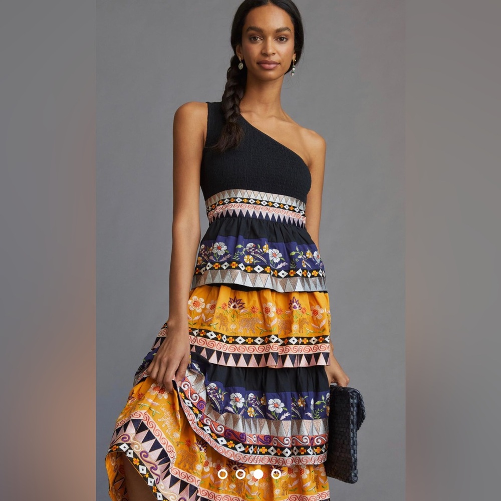 NWT Anthropologie One-Shoulder Tiered Midi Black Top Multicolor Ruffles